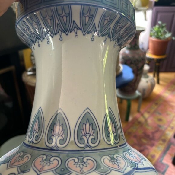Vintage Blue and White Asian Vase with Pink Floral Accents w Birds 24 inch - Picture 12 of 15
